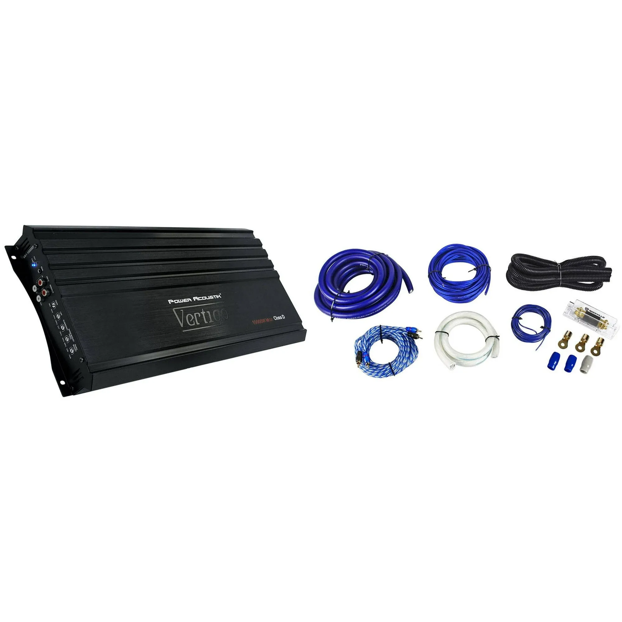 Power Acoustik VA1-10000D 10,000w Mono Class D Car 1-Ohm Car Amplifier+Amp Kit