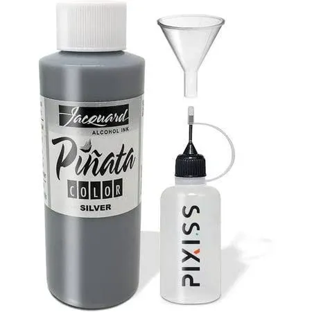 Pinata Silver Alcohol Ink 4-Ounce, Pixiss 20ml Needle Tip Applicator Bottle and Funnel, Bundle for Yupo and Resin