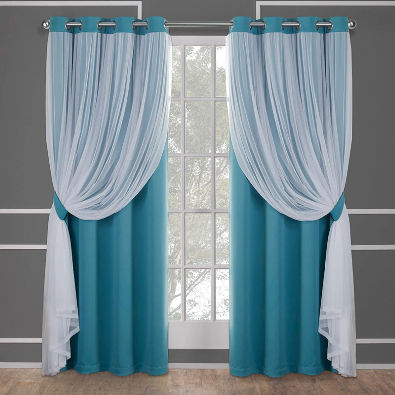 Exclusive Home Catarina Layered Solid Room Darkening Blackout and Sheer Grommet Top Curtain Panel Pair, 52"x96", Winter White