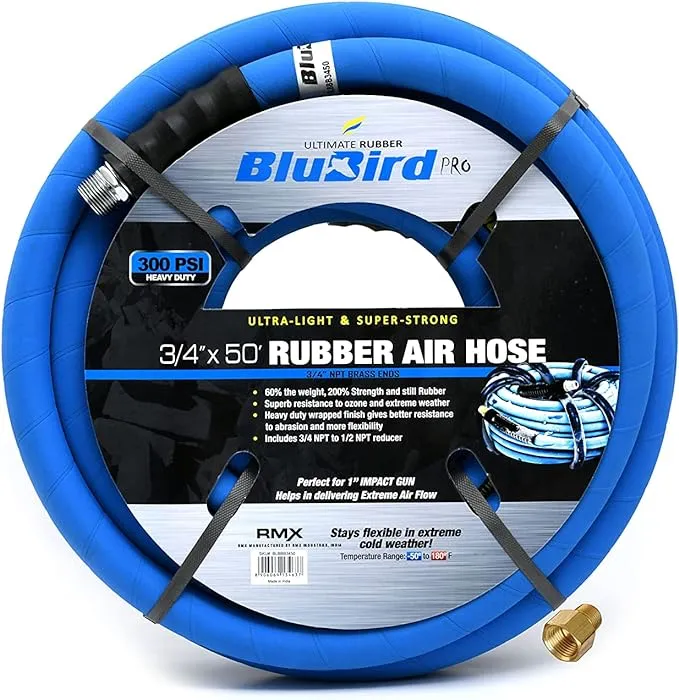 BLUBIRD BB38100 3/8" x 100' Rubber Air Hose, 100% Rubber, Lightest, Strongest, Most Flexible, 300 PSI, 50F to 190F Degrees, Ozone Resistant, High Strength Polyester Braided