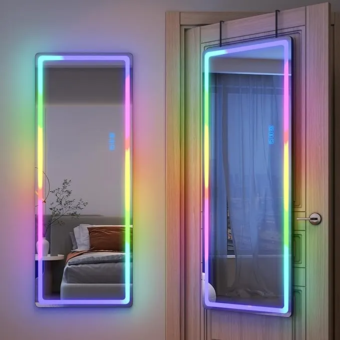 LVSOMT LED RGB Full Length Mirror, Full Body Mirror with Lights, Wall Mounted Lighted Mirror, Over The Door Hanging Mirror, 14 LED Light + Dimmable Brightness + Adjustable Speed, 47" x 16"