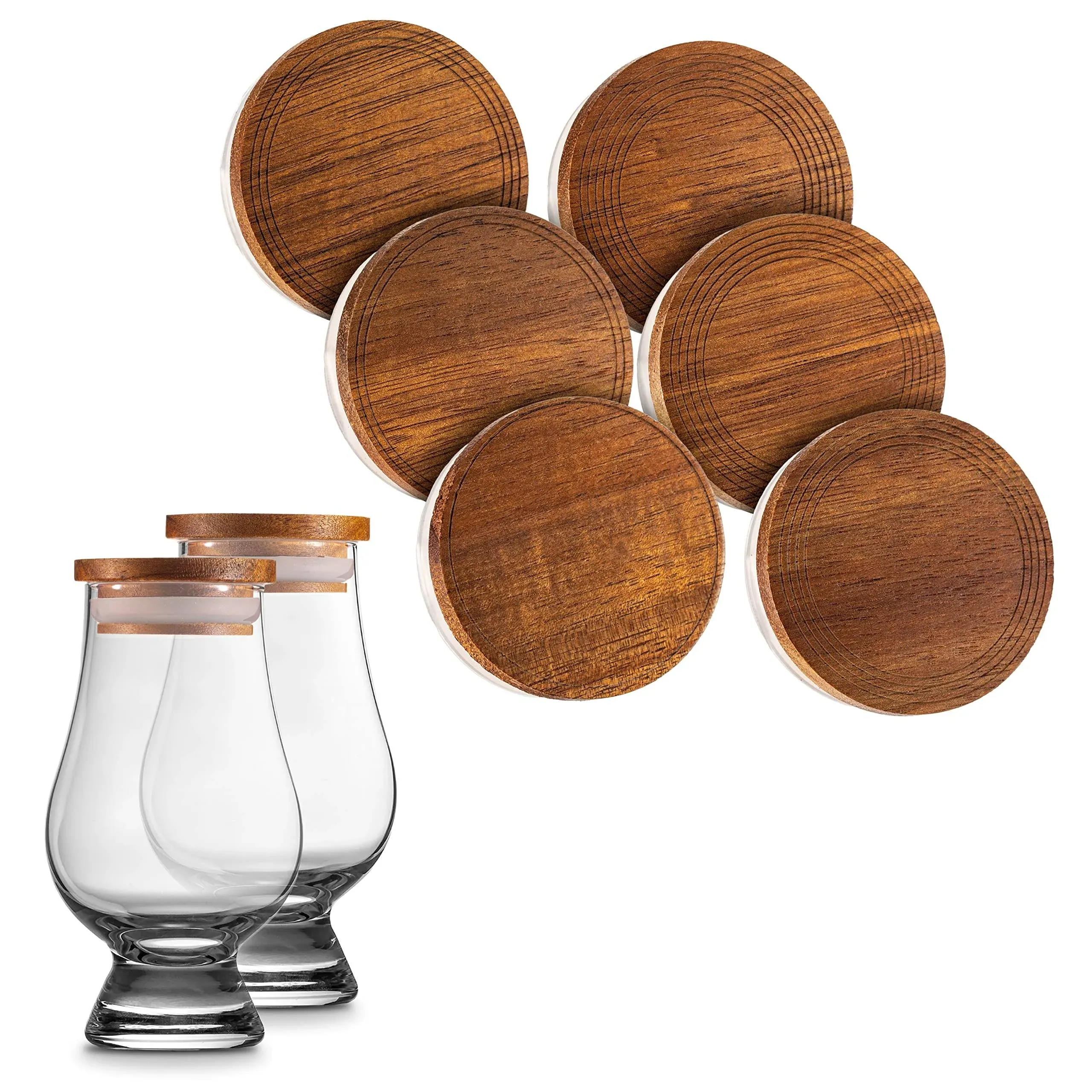 Cairncaps Acacia Hardwood Whiskey Glass Lids - Set of 6 Caps for Whisky Tasting 