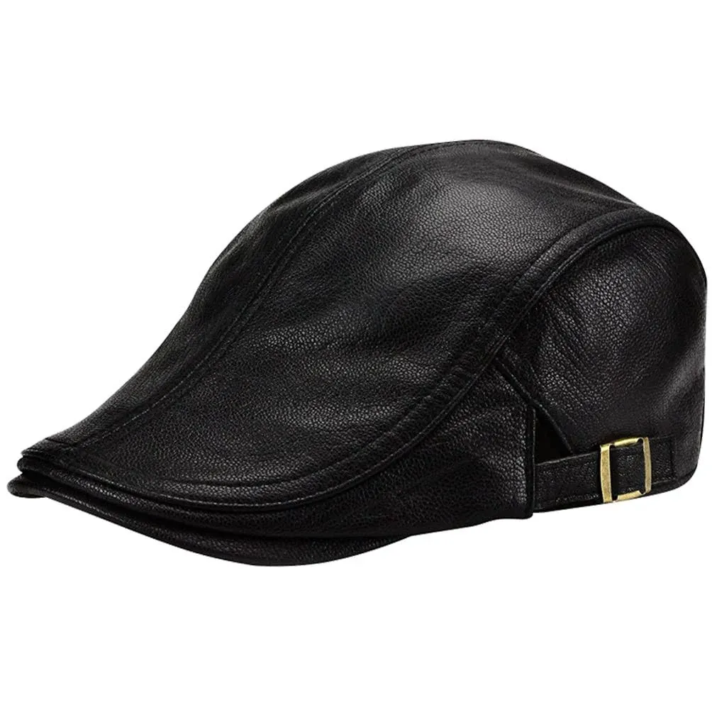 Men Women Lambskin Leather Beret Flat Cap Gatsby Newsboy Driving One Size Black