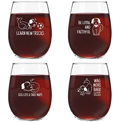 Dog Wisdom Novelty Stemless Wine Glasses Set of 4 | Funny Dog Themed Messages...