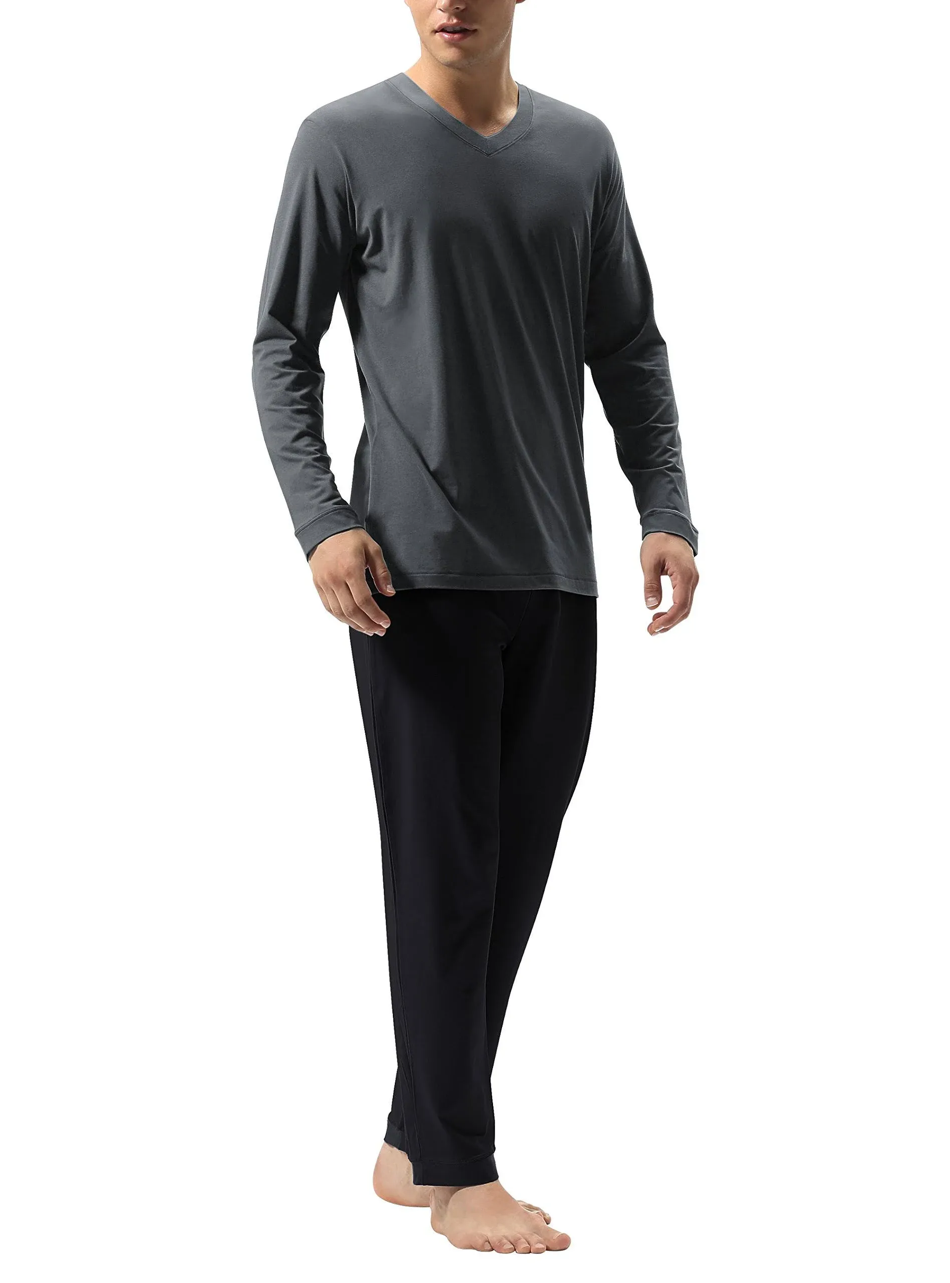 David Archy Men's Pajamas Set V-Neck Lounge Wear No Fly Cotton Sleepwear Durable Stretchy Pjs Top and Bottom, M / Dark Gray-Black