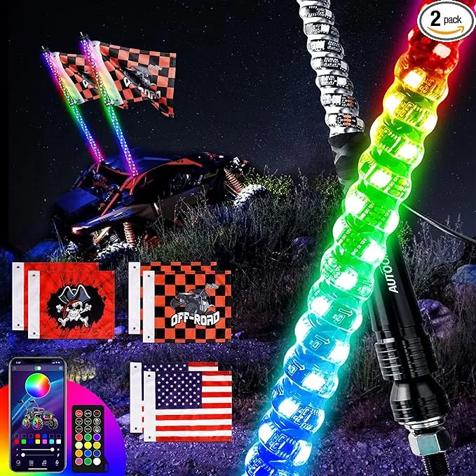 AUTOOMMO 2 PCS 3FT LED Whip Lights - 3X Brighter Professional UTV Whip Light, w/ 6 Off-Road Flags, APP & Remote Control, 366 Modes Chasing Lighted Antenna Whip for UTV ATV RZR SXS Can-Am