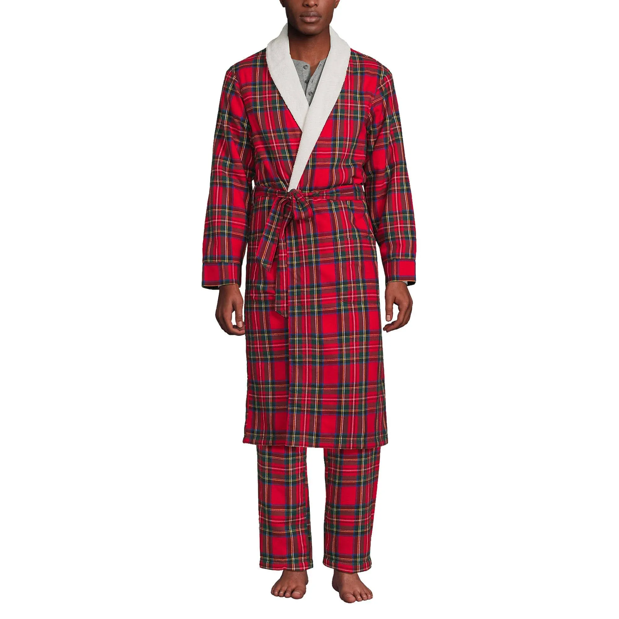 Men's Sherpa Fleece Lined Flannel Robe - Lands' End - Red - XL