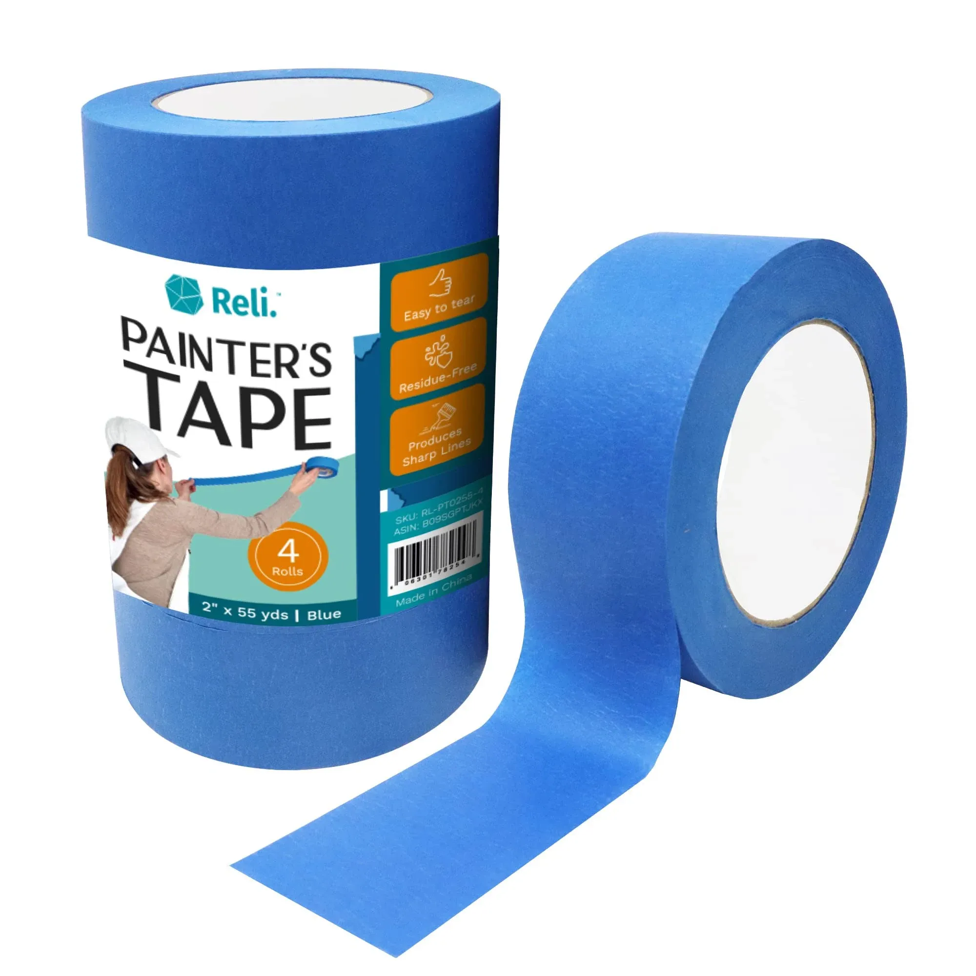 Reli Painters Tape, Blue 4 Rolls 2 x 55 Yards per Roll (220 Yards total) Blue ...