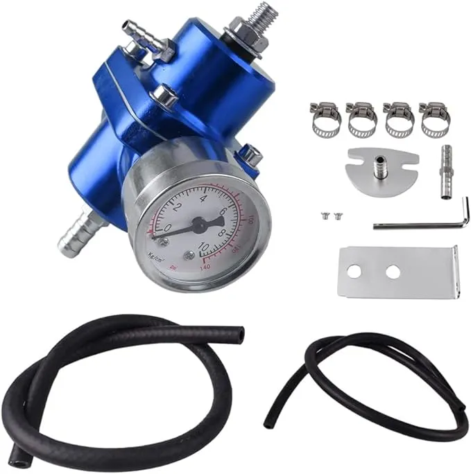 Universal Adjustable Fuel Pressure Regulator Kit, Aluminum Fuel Regulator,Adjustable Gas Oil Injection Pressure Regulator with 0-140 PSI Gauge -Blue