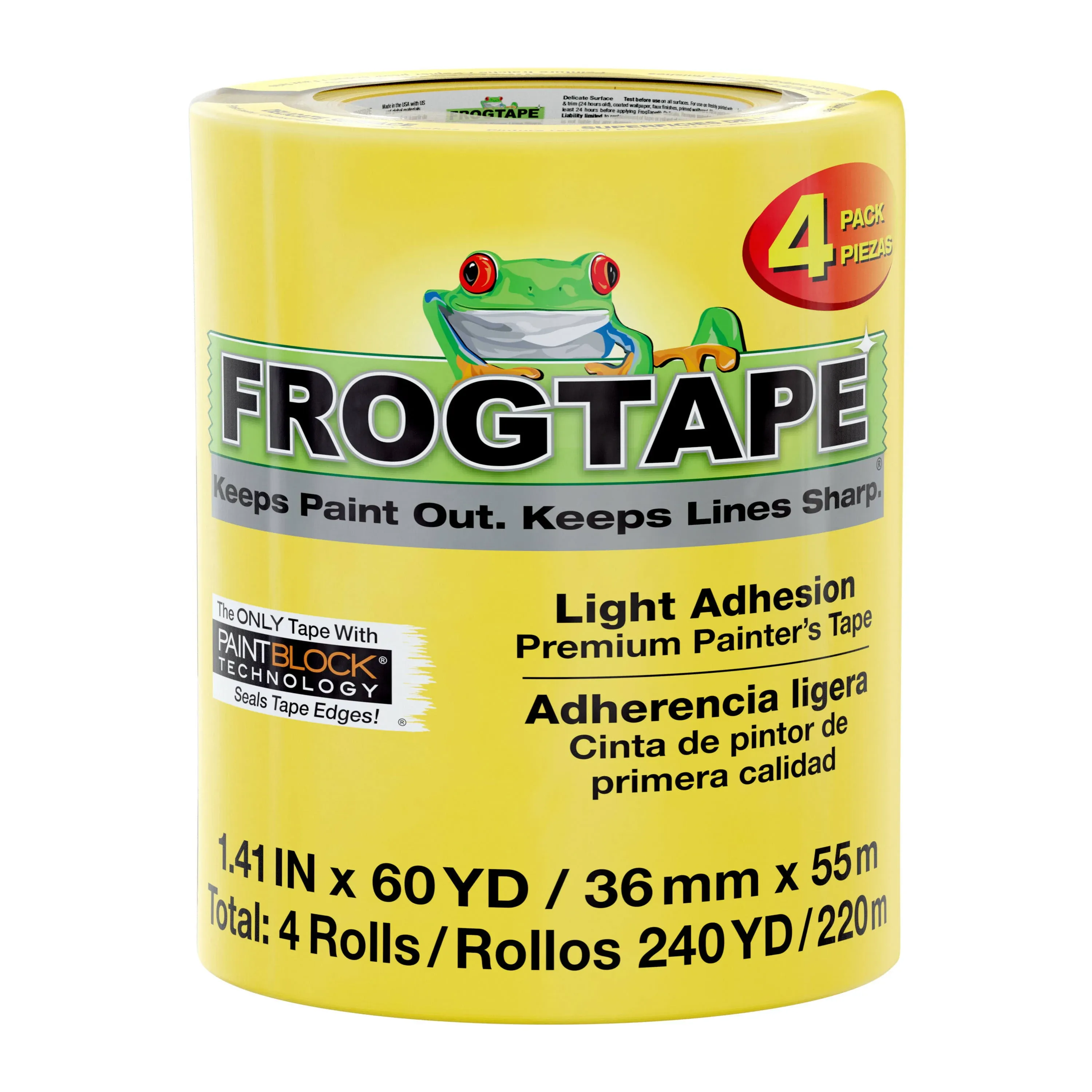 FrogTape Delicate Surface Painter's Tape With PaintBlock, 1.41 Inch x 60 Yards, 4-Pack, Yellow (240662)