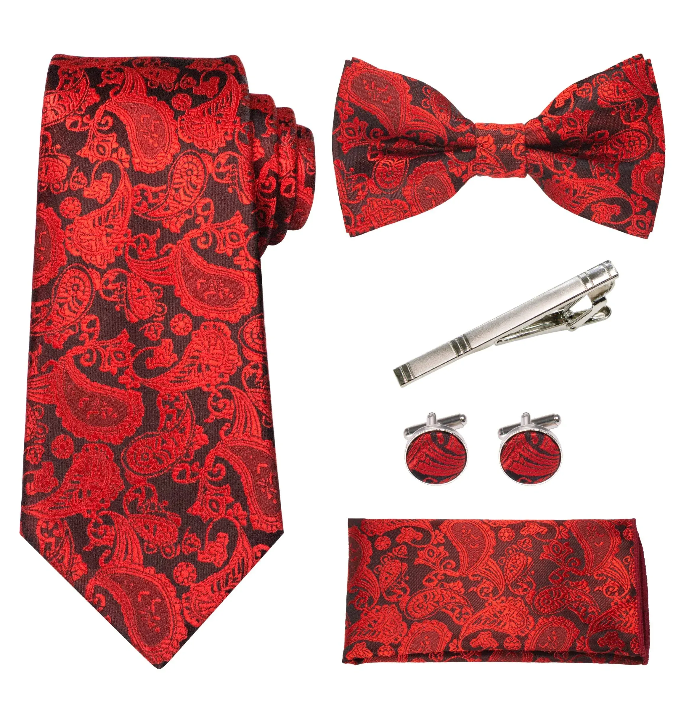 RBOCOTT Solid Color Paisley Tie and Bow Tie with Pocket Square and Tie Clip Cufflinks Set for Men