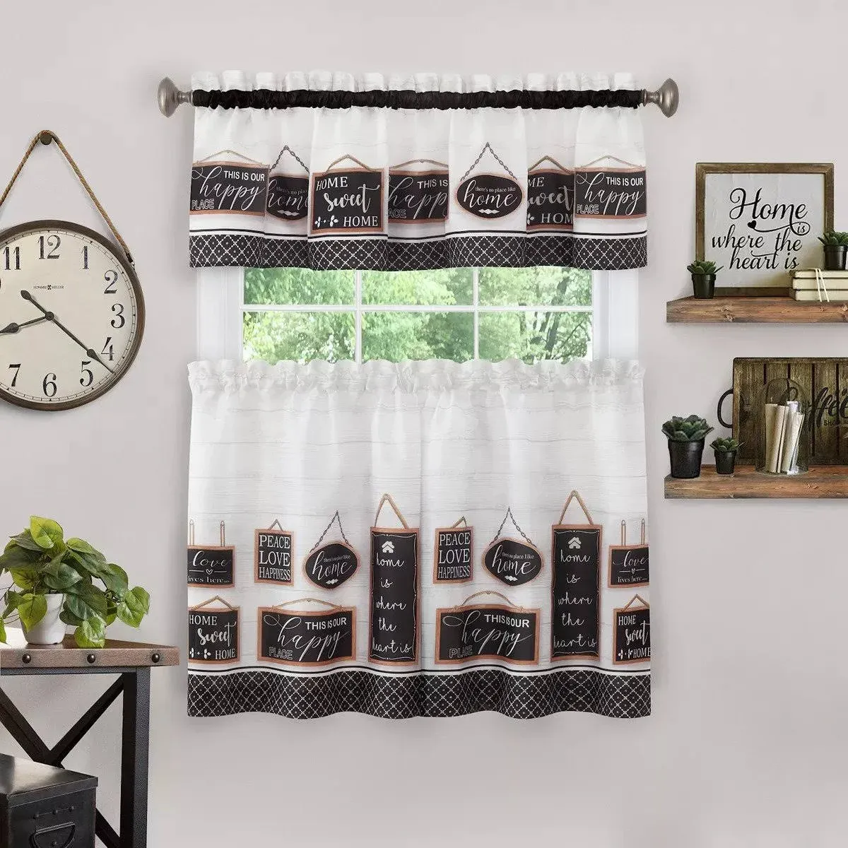 Light Filtering Printed Tier & Valance Window Curtain Set - 36 Inch Length, 58 Inch Width - Modern Farmhouse (Black), Machine Washable Drape for Kitchen, Living, & Dining Room by Achim Home Decor