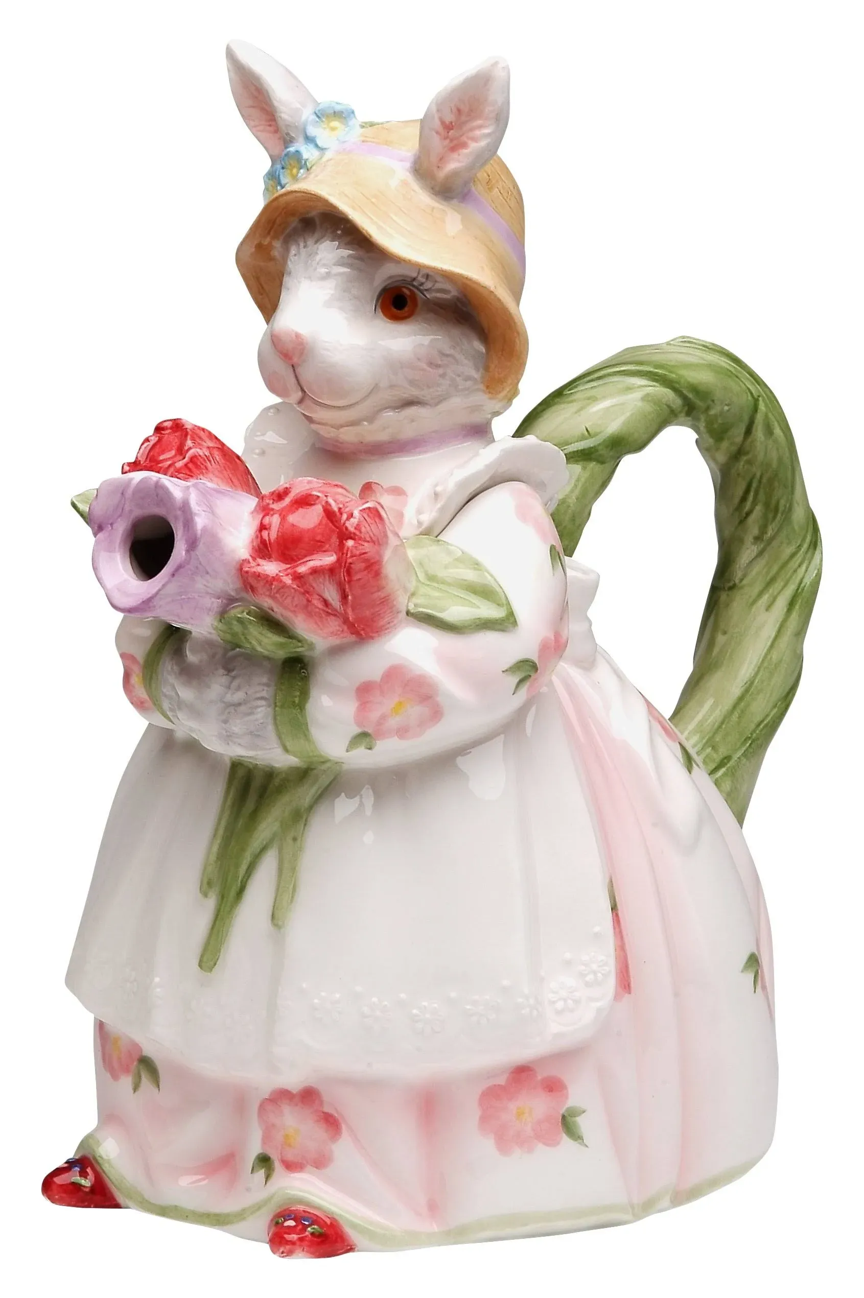 Springtime Bunnies: Easter Bunny Rabbit Holding Rose Flowers Teapot Tea Kettle