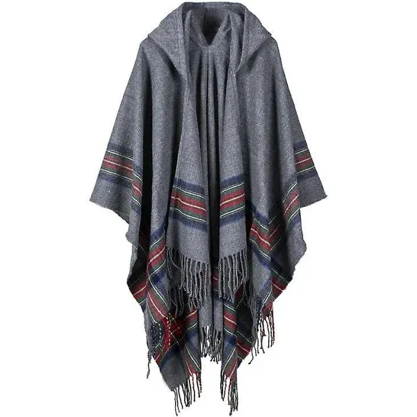 Women's Vintage Plaid Knitted Tassel Poncho Shawl Cape Button Cardigan