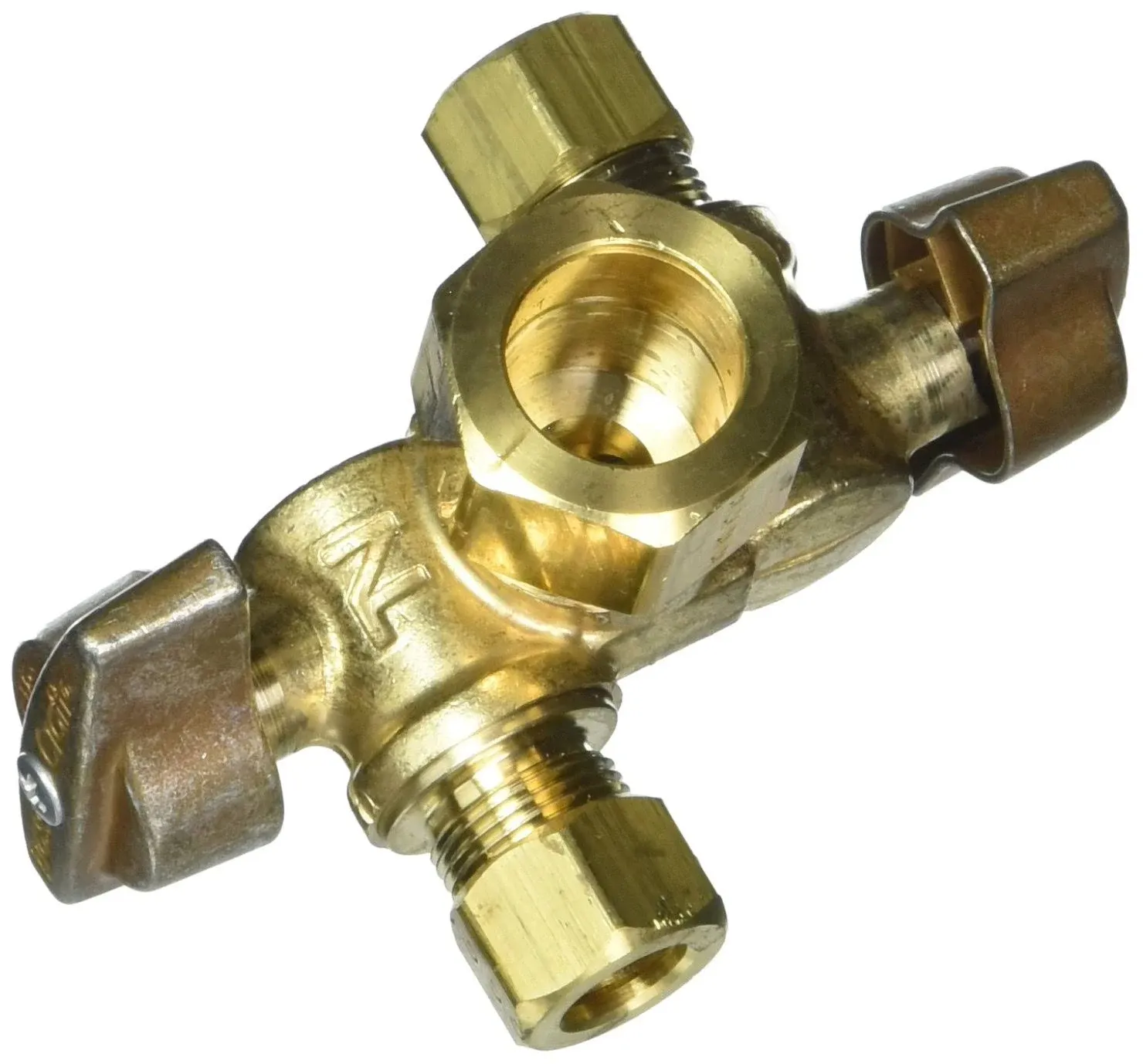 BrassCraft KTCR1901DVX R 1/2" Nom Comp Inlet x 3/8" O.D Comp x 3/8" O.D Comp Dual Outlet Dual Shut-Off 1/4-Turn Angle Ball Valve