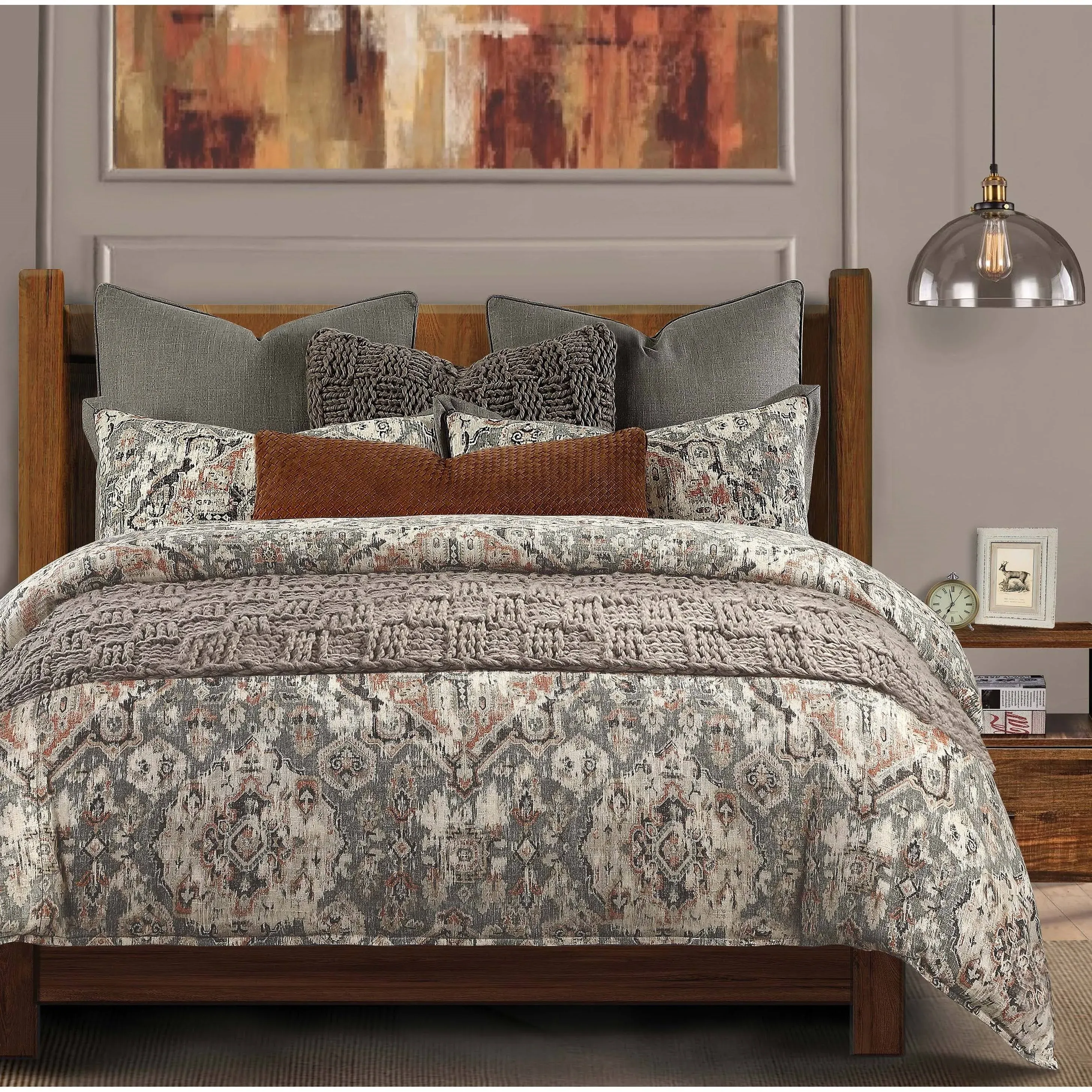 HiEnd Accents Carmen Kilim 3 Piece Duvet Cover Set with Pillow Shams, Taupe Medallion Super King Size, Modern Traditional Rustic Style Luxury Bedding, 1 Duvet Cover and 2 Pillow Cases