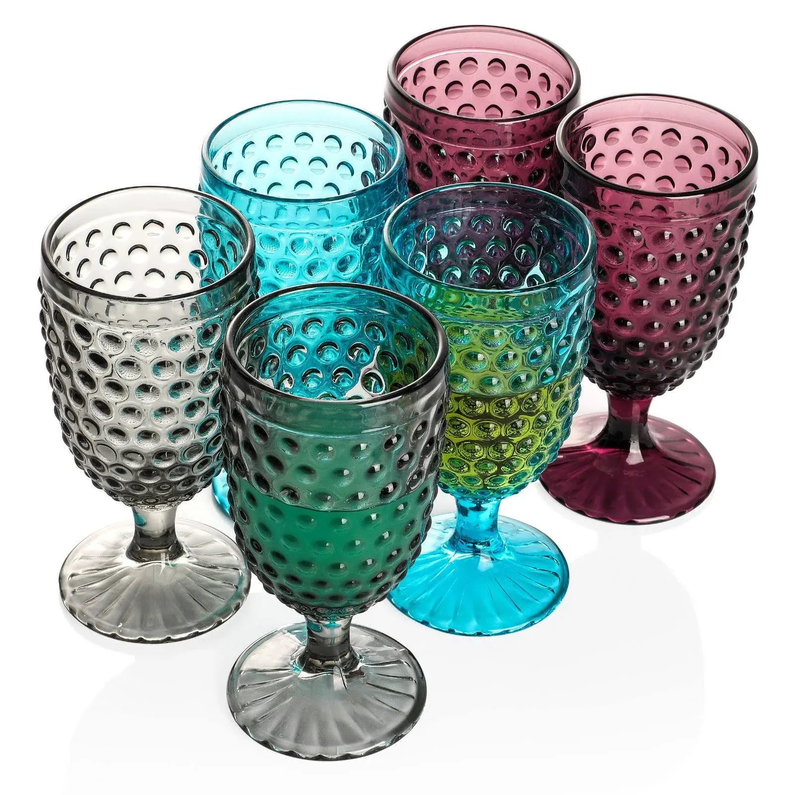 EVEREST GLOBAL Hobnail Beverage Glass Goblet set of 6, 13 oz for Iced Tea Soda Wine Water Milk Coke Bubble Juice and Beer Perfect for Dinner Table Parties Bars Restaurants (Multi-Color)