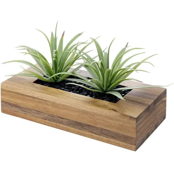 10 inch Artificial Green Grass Plants in Acacia Wood Decorative Planter Pot