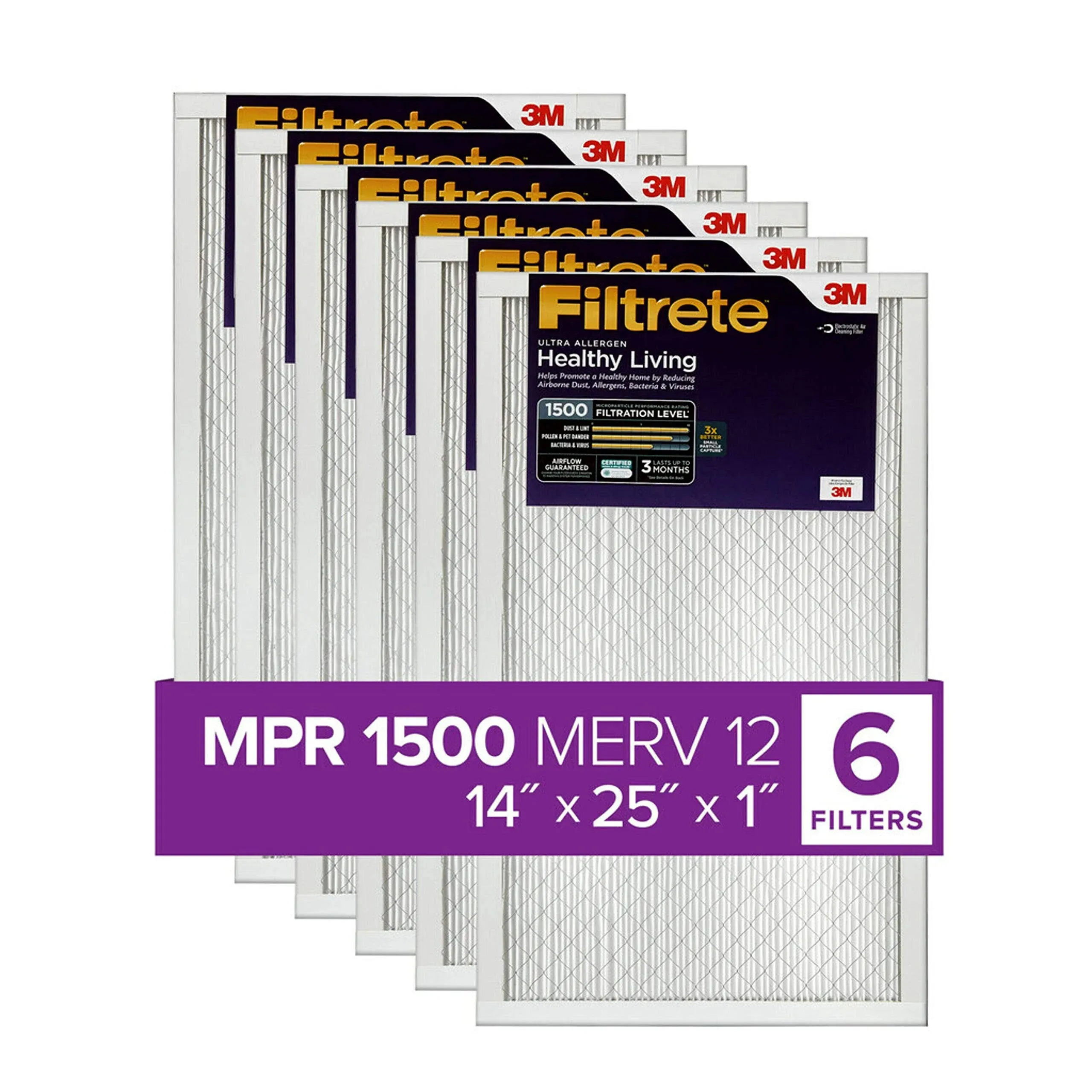 Filtrete 14x25x1 AC Furnace Air Filter, MERV 12, MPR 1500, CERTIFIED asthma & allergy friendly, 3 Month Pleated 1-Inch Electrostatic Air Cleaning Filter, 6-Pack (Actual Size 13.81x24.81x0.78 in)