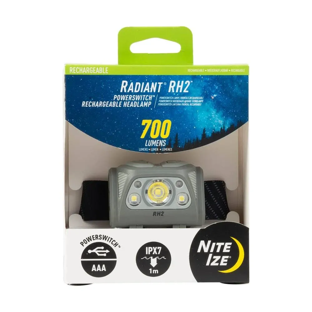 Nite Ize Radiant RH2 PowerSwitch Rechargeable Headlamp - Hands-Free Flashlight Alternative - Headlamp for Backpack Gear, Camping Equipment & More - Waterproof & Lightweight Headlamp - Black/Grey