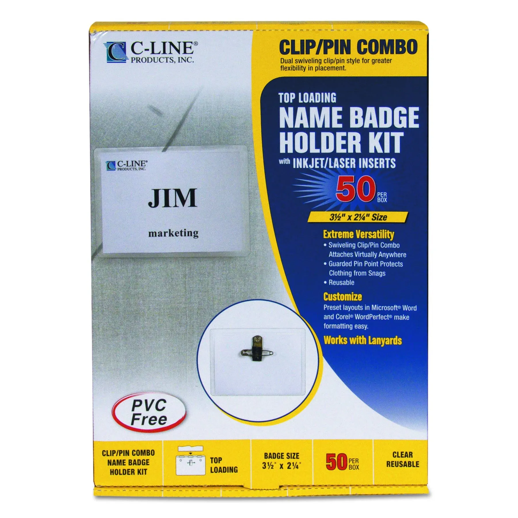 C-Line Name Badge Kits, Top Load, 3 1/2 x 2 1/4, Clear, Combo Clip/Pin, 50/Box ...