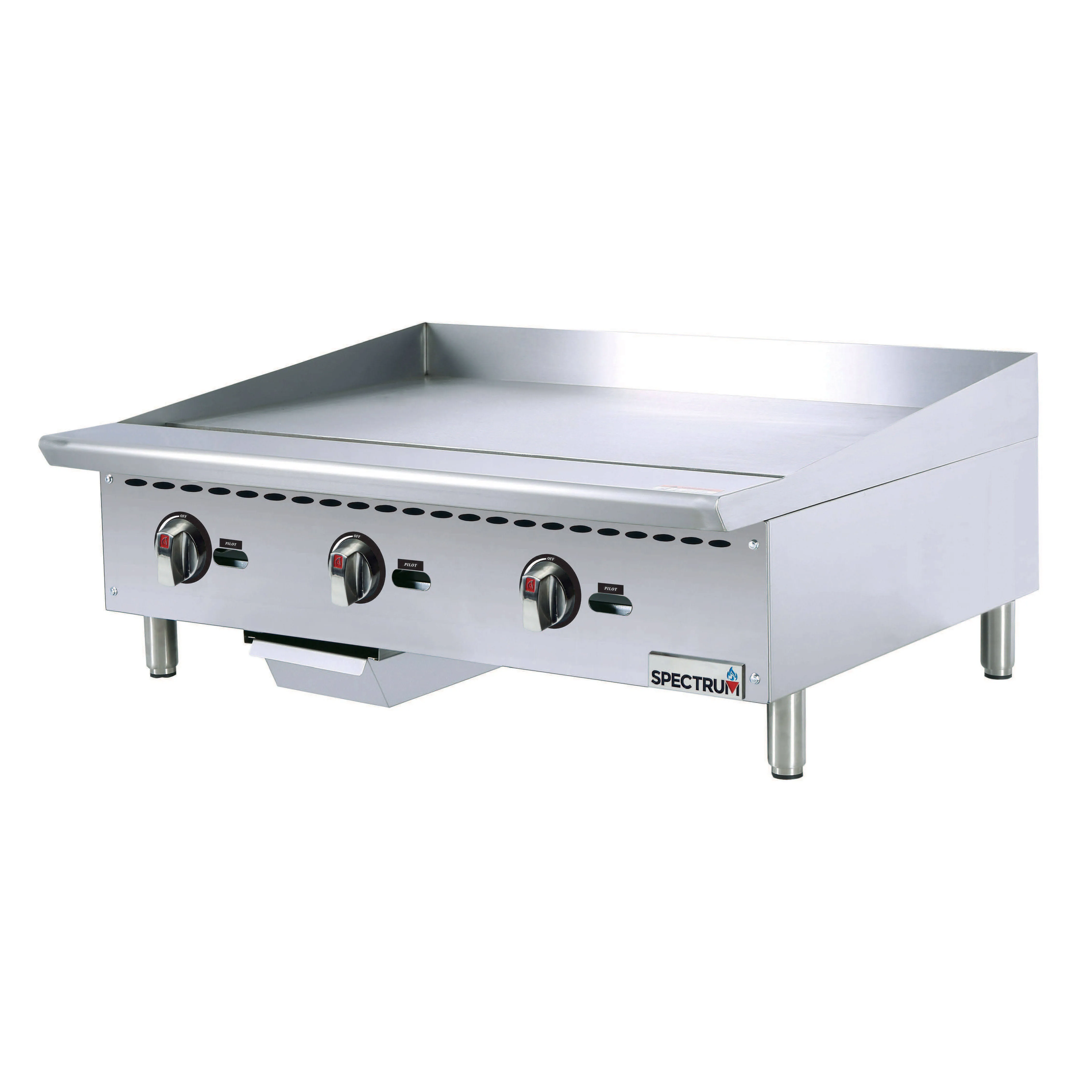 Spectrum Griddle, gas, countertop, cooking surface 36in. x 20-3/4in. cooking surface, (3) 30,000 BTU burners, infinite heat controls, standing pilot light, 3/4in. polished steel plate, side and back splash guard, stainless steel insulated double-wall bod