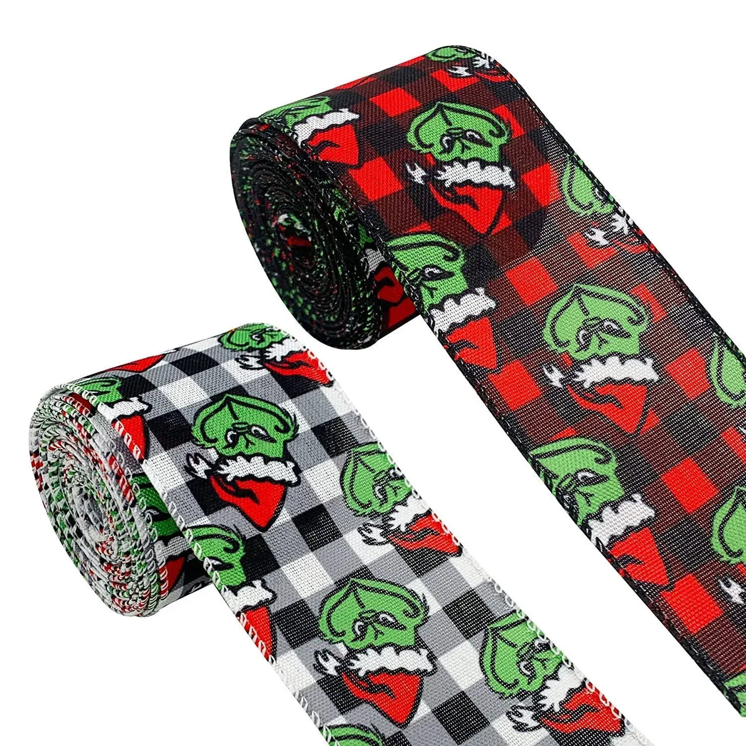 2 Rolls Christmas Grinch Wired Edge Ribbons 2.5 Inch Wide 20 Yards Buffalo Plaid