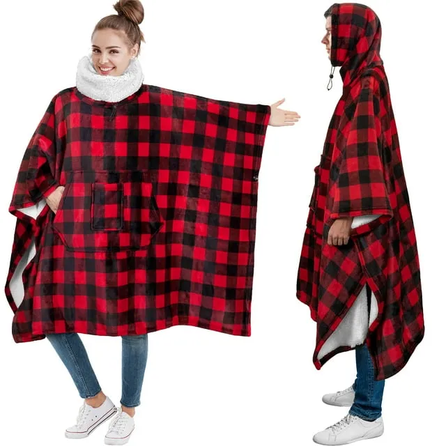 PAVILIA Sherpa Wearable Blanket Poncho Women Men Oversized Hoodie Sweatshirt Poncho Blanket Hooded Sweater Wrap Cape Neck Warmer Fleece Soft Hug Sleep Pod Adult Cozy Warm Gift Ideas Checker Red