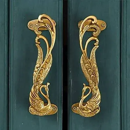 Indian Shelf 1 Pair Peacock Decorative Door Handles Interior Vintage Door Pulls Antique Brass Cabinet Pulls Unique Gold Cabinet Handles- 7.4"