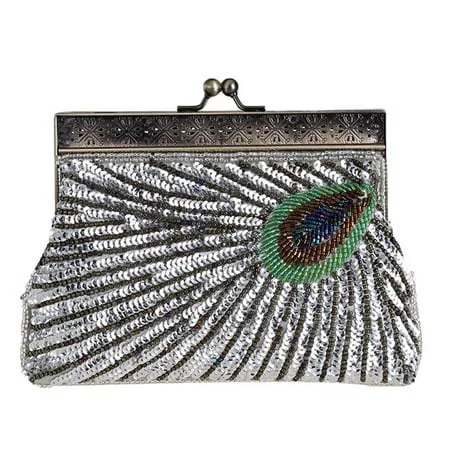 Vintage Sequin Peacock Clutch Bag Antique Beaded Evening Handbag Clutch Bags Turquoise Eye Catching Purse for Wedding (silver)