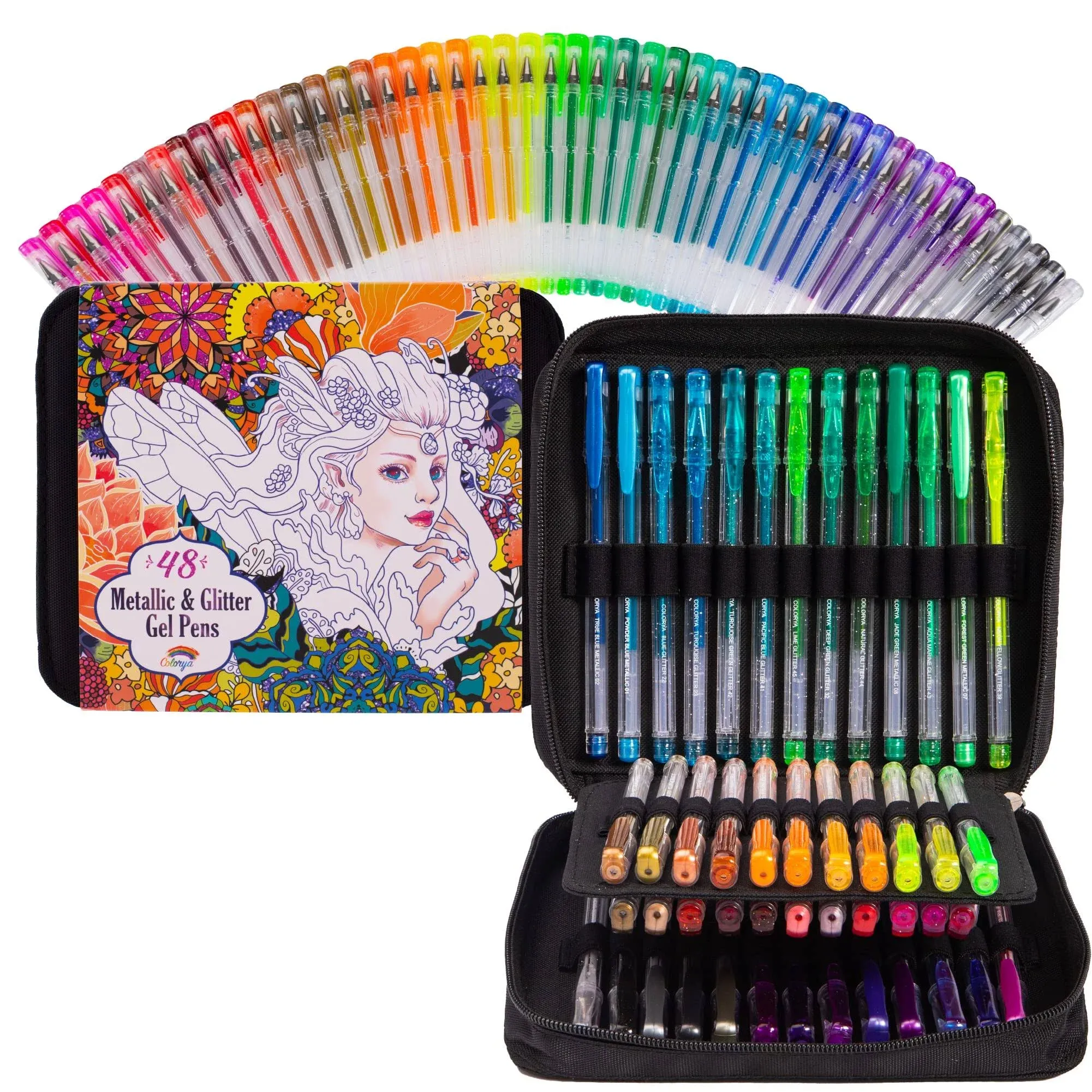 Colorya Gel Pens - 48 Metallic & Glitter Gel Pens + Carry Bag, Perfect Gel Pens ...