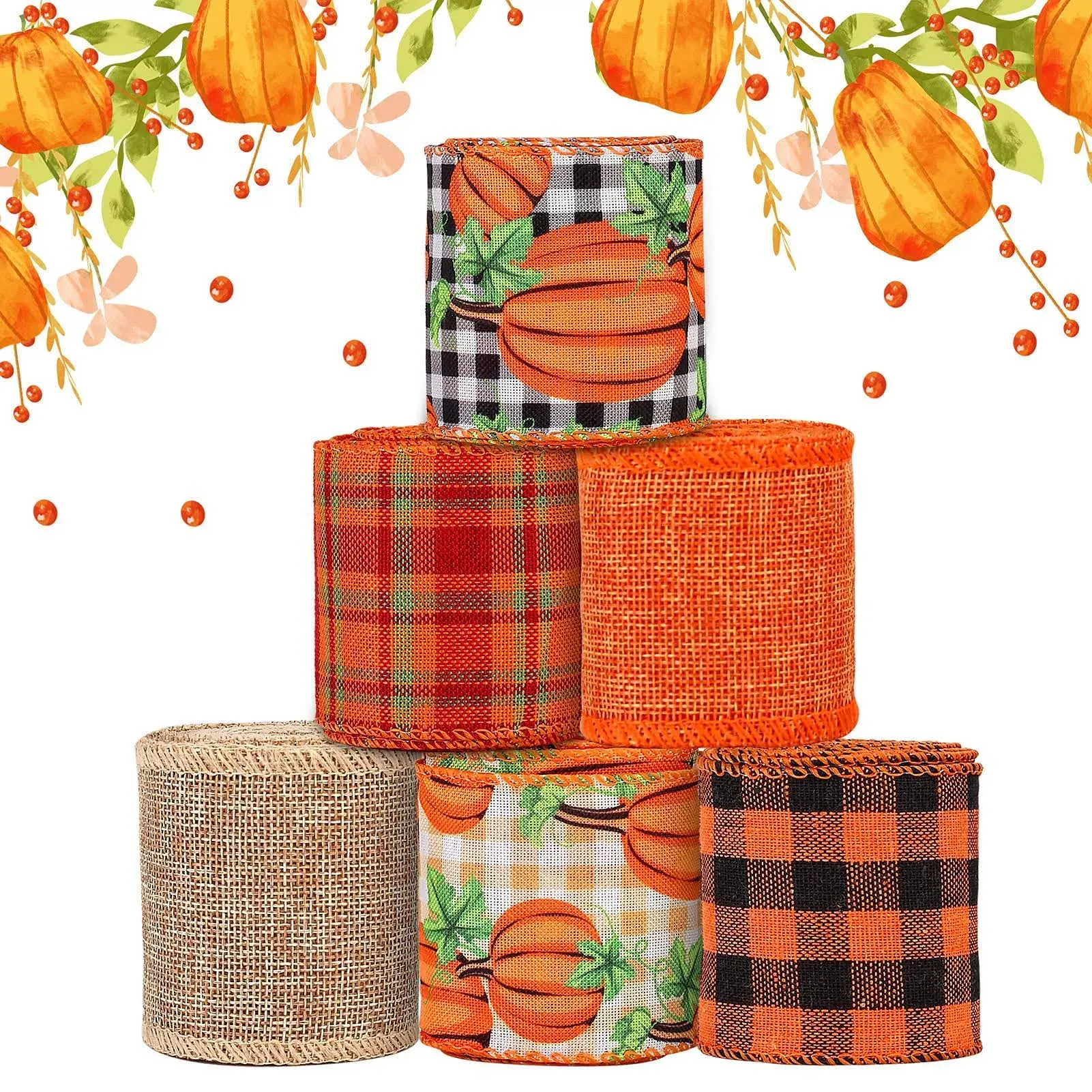 6 Rolls 30 Yards Fall Burlap Ribbon, 2.5W Buffalo Plaid Wired Edge Ribbon with ...