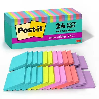 Post-it Super Sticky Notes, 24 Note Pads, 3x3 in., 2x the Sticking Power, School Supplies and Office Products, Sticky Notes for Vertical Surfaces, Monitors, Walls & Windows, Supernova Neons Collection