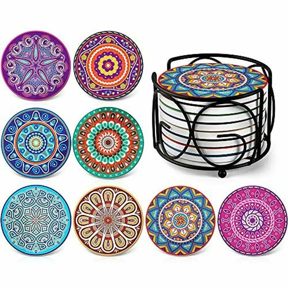 Teivio Absorbing Stone Mandala Coasters for Drinks Cork Base, with Holder, for ...