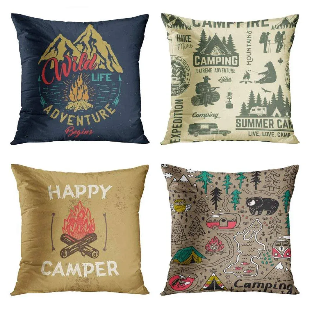 Emvency Set of 4 Throw Pillow Covers Camp with Mountain Campfire and Forest Camping Adventure Vintage Decorative Pillow Cases Home Decor Square 18x18 Inches Pillowcases