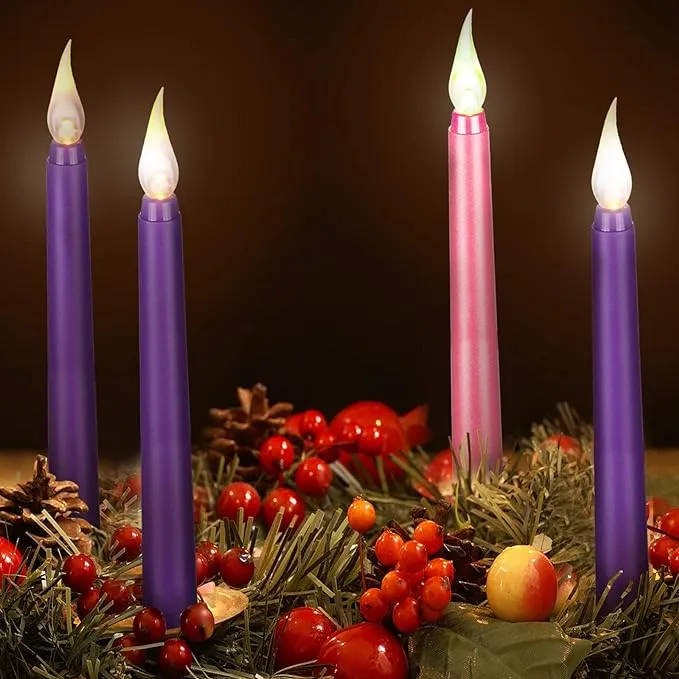 4 Pieces LED Flameless Advent Candle Set Purple and Pink Advent Taper Candles for Christmas Advent Rituals, Casting Chimes, Spells