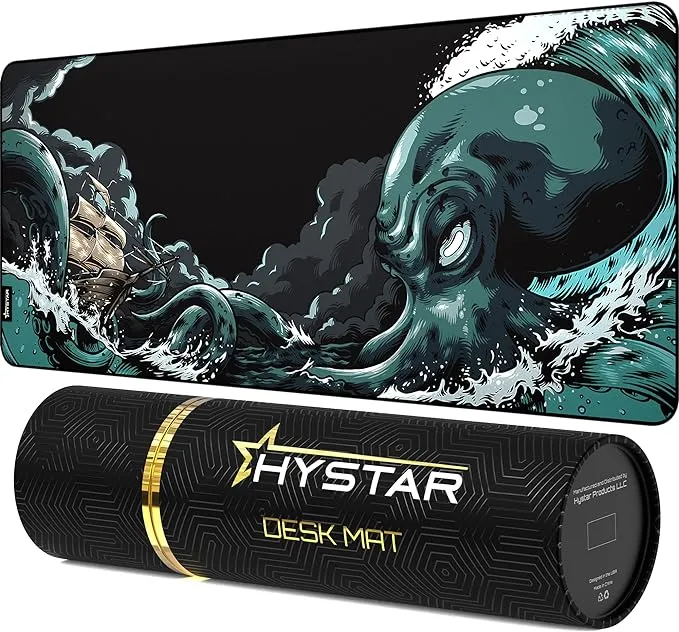 Hystar Extended Gaming Mouse Pad | XXL 36" x 16" | 5mm Thick, Waterproof Surface, Smooth Polyester Fabric, and Natural Rubber Base | Mythic Kraken