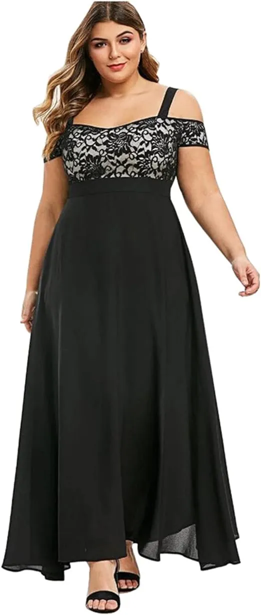 Spring Dresses for Women 2024 Spring Fashion Cold Shoulder Chiffon Maxi Dress Plus Size Formal Wedding Guest Homecoming Dresses Vestidos Elegantes de Mujer para Fiesta,Black Medium