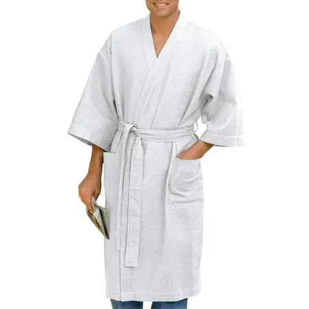 Harbor Bay by DXL Big and Tall Men's Waffle-Knit Kimono Robe, White, 5XL/6XL