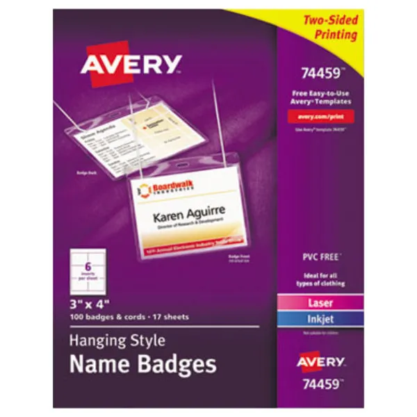 Avery Hanging Style Laser/Inkjet Name Badge Kit, 3" x 4", Clear Holders with White Inserts, 100/Box (74459)