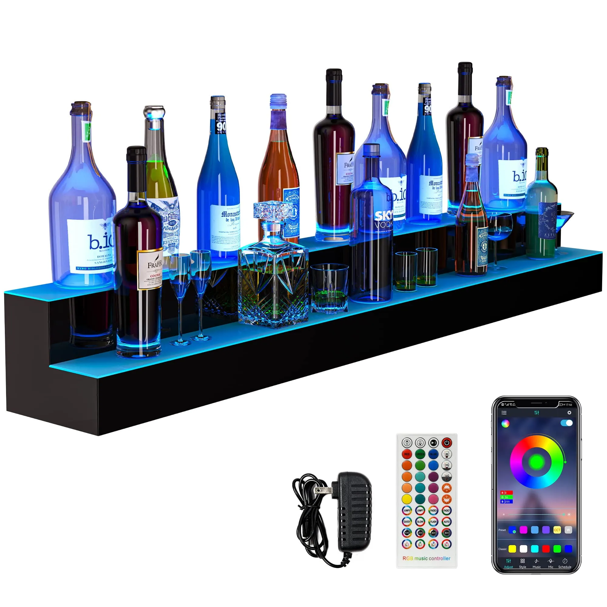 YITAHOME LED Light Liquor Bottle Display Shelf, 3-Tier 40-inch Bar Shelves for Liquor Bottles Wall Mounted Acrylic Liquor Shelf with Wine Holder Slots, Remote & App Control for Home Commercial Bar