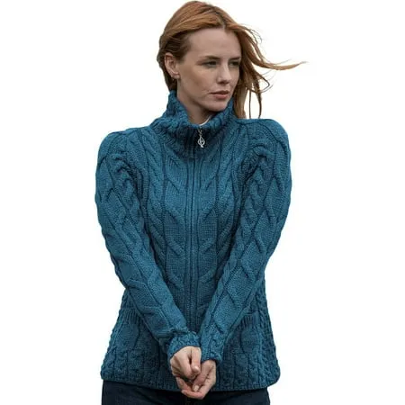 Aran Irish Merino Wool Zipper Cardigan Sweater Women s Knitted Jacket with Mock Turtleneck Made in Ireland