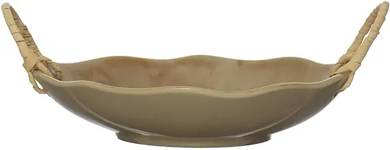 Creative Co-Op Stoneware Bowl with Rattan Wrapped Handles, Reactive Crackle Glaze,Cream