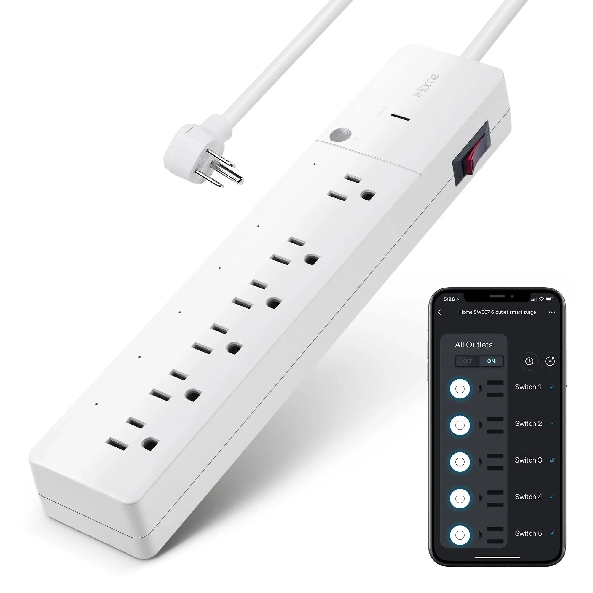 iHome 6-Outlet Smart Surge Protector - White - Each