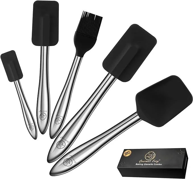 5pcs Silicone Spatula Set with Stainless Steel Handle, Silicone Spatulas for Cooking & Baking with Spoonula & Silicone Brush Heat Resistant, Silicone Kitchen Spatula for Nonstick Cookware (Black)