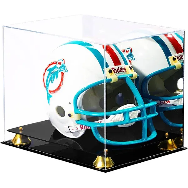 Football Helmet Display Case - Clear Acrylic Display Case, Full-Size Helmet Clear Display Box, Football Display Case w/Black Acrylic Base & Gold Risers