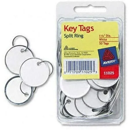 Avery : Metal Rim Key Tags, Card Stock/Metal, White, 50 per Pack -:- Sold as 2 Packs of - 50 - / - Total of 100 Each