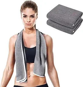 Gym Towels for Sweat 44" x 16.5" (2 Pack) - Absorbent Waffle Fabric Texture Yoga Towel for Gym, Sports, and Exercise - Odor-Free, and Lightweight - for Men and Women - Grey