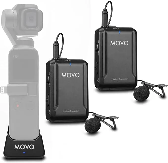 Movo Edge-OP-Duo Dual Wireless Lavalier Microphone for Osmo Pocket 1 and 2 - Wireless Clip-on Lapel Mic, 2 Transmitters, and Receiver Set for Video, Vlogging, Filming