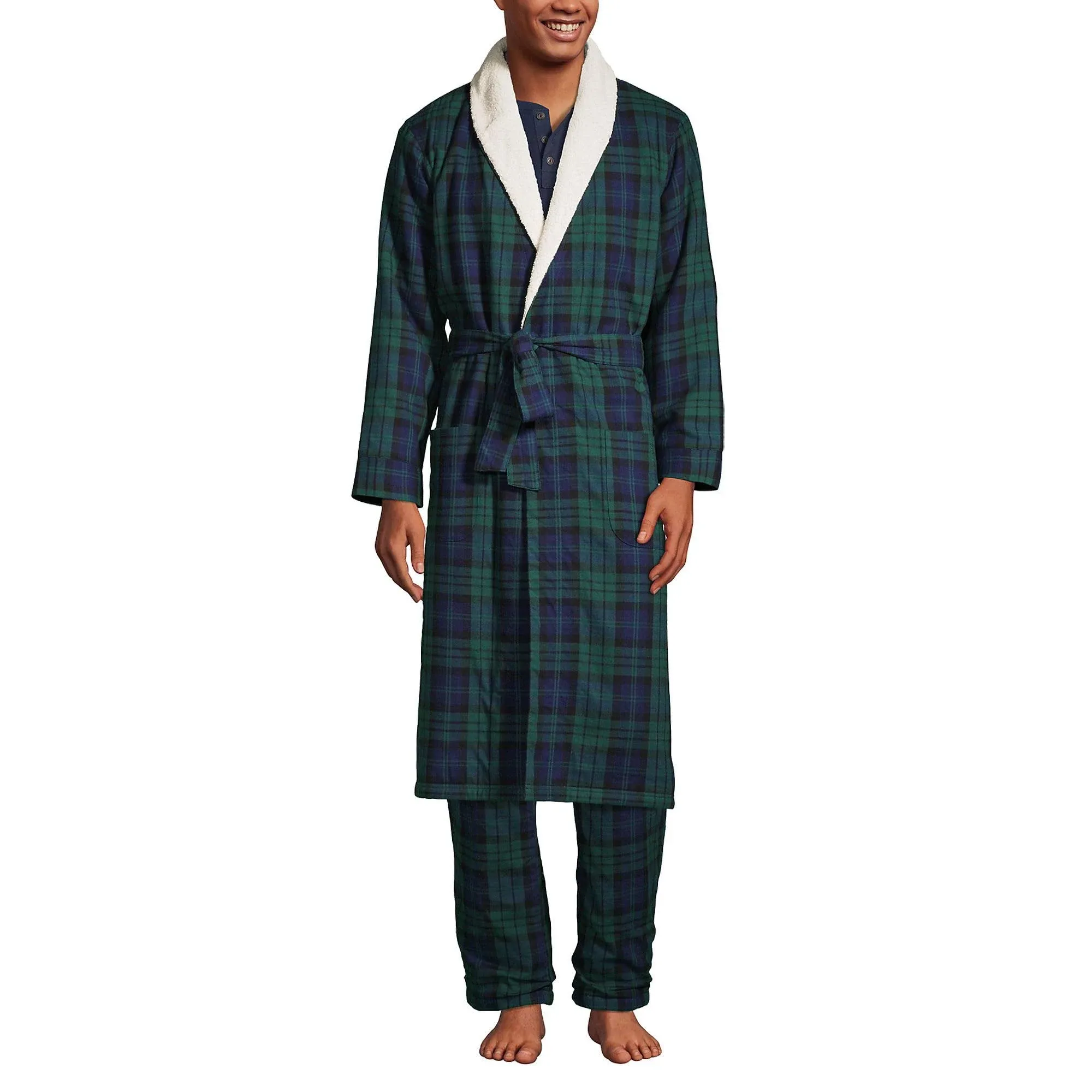 Lands' End Men's High Pile Fleece Lined Flannel Robe